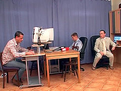 Sexy office assistant does a gangbang with her bosses